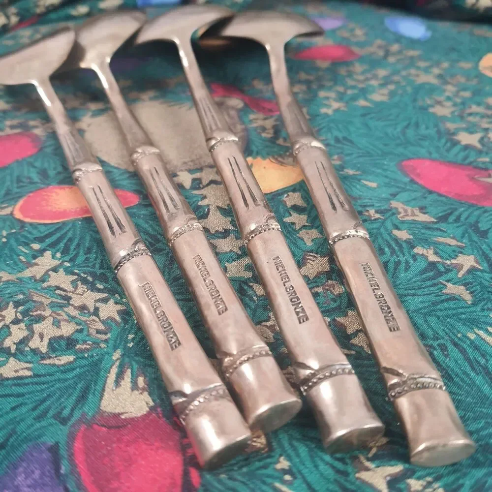 VTG 70’s Lot Of 4 Nickel Bronze Serving Spoon Carving Fork Faux Bamboo Serveware